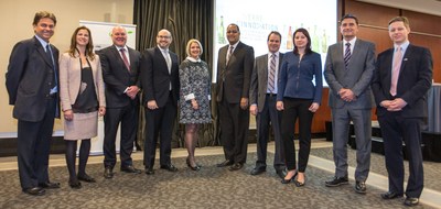 Left to right: Pierre Paré, President, Machinex; Virginie Bussières, Director Communications and Public Affairs, ÉEQ; Denis Brisebois, Chairman of ÉEQ’s Board of Directors; Lionel Perez, City of Montréal Executive Committee Member in charge of Infrastructures, the CSEM, Governance and Democracy as well as Governmental Relations; Maryse Vermette, President and CEO, ÉEQ; Saul Polo, Representative for Laval-des-Rapides and Parliamentary Assistant for the MEIE; Jean-Luc Plante, Vice-President, Optimization, ÉEQ; Mylène Fugère, Advisor, Curbside Recycling Optimization – Sorting and Conditioning, ÉEQ; Steve Whettingsteel, President, Krysteline Technologies; and Nick Backer, Great Britain’s Consul General in Montréal. (CNW Group/Éco Entreprises Québec)