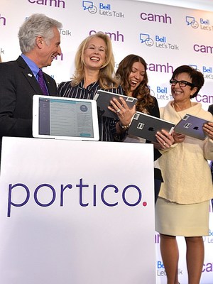 Dr. David Goldbloom, Senior Medical Advisor, CAMH, Mary Deacon, Chair Bell Let’s Talk, Amy Restoule, Social Worker, Sudbury East Community Health Centre, Dr. Catharine Zahn, President & CEO, CAMH at the launch of Portico at CAMH on January 21, 2016. (CNW Group/Bell Canada)