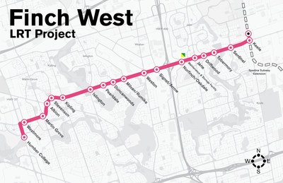 Finch West LRT to deliver 11km of new, dedicated rapid transit in Toronto. Construction to start in 2017. Map courtesy of Metrolinx. (CNW Group/Infrastructure Ontario)