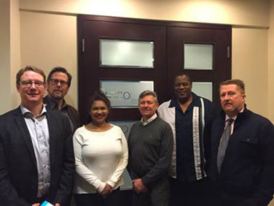 From left to right: Burke Moffat, AMAPCEO Labour Relations Specialist, Bernard King, OPSEU Staff Representative, Allyson Williams, AMAPCEO ORC Transition Team, Gunnar Lindberg, AMAPCEO ORC Transition Team, Nigel Edwards, President OPSEU Local 565, Dave Bulmer, AMAPCEO President (CNW Group/Ontario Public Service Employees Union (OPSEU))