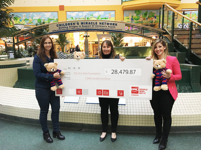 CDW Canada coworkers present a cheque to SickKids. From left to right: Julie Clivio (CDW Canada), Jennifer Frew (SickKids), Jackie Macera (CDW Canada). (CNW Group/CDW Canada Inc.)