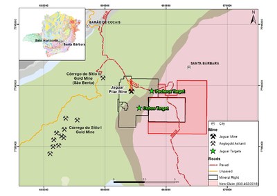 Figure #1 shows the location of the Pilar Mining Concession Block in relation to the Córrego do Sítio I and II (AngloGold Ashanti) multi-million ounce gold deposits in the Iron Quadrangle in Minas Gerais. (CNW Group/Jaguar Mining Inc.)