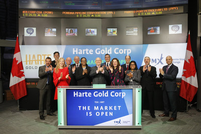 Stephen Roman, Chairman, President & CEO, Harte Gold Corp. (HRT), joined Loui Anastasopoulos, Vice President, TSX Company Services, Toronto Stock Exchange & TSX Venture Exchange to open the market. Harte Gold Corp. is focused on the exploration and development of its 100% owned Sugar Zone property where it has permitted a 70,000 tonne advanced exploration and bulk sample for the Sugar Zone Deposit – which is the first ore shipment in the history of the company! Harte Gold Corp. commenced trading on Toronto Stock Exchange on June 6, 2011. For more information, please visit www.hartegold.com. (CNW Group/TMX Group Limited)