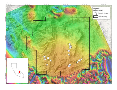 Figure 1. Location of duplicate samples taken by Silver Standard at the Perdito project, Inyo County, California, underlain by the total magnetic airborne geophysical survey. (CNW Group/Silver Standard Resources Inc.)