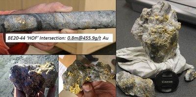 Figure 1: Top left: visible gold in the HOF diamond drill hole intersection (BE20-44); bottom and right shows specimen gold discovered from the vein of the HOF Lode in the 2141 development drive at the Beta Hunt Mine. (CNW Group/Royal Nickel Corporation)