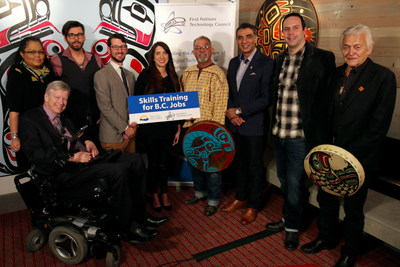 From left to right: Vancouver-False Creek MLA Sam Sullivan, Kwakiutl Chief Coreen Child, Social Entrepreneur Patrick Shannon, Lighthouse Labs Vancouver CTO Jeremy Shaki, First Nations Technology Council Executive Director Denise Williams, Skwachays Lodge Sweat Lodge Keeper and Medicine Man Old Hands, Minister of Technology, Innovation and Citizens' Services Amirk Virk, Animikii Inc. CEO Jeff Ward, N'amgis First Nation Hereditary Chief Bill Cranmer. (CNW Group/First Nations Technology Council)