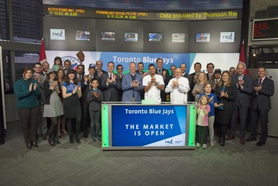 Mark Shapiro, President and CEO, Toronto Blue Jays and Toronto Blue Jays pitcher, Arnold Leon joined Lou Eccleston, CEO, TMX Group and Peter Conroy, President, TMX Shorcan Brokers Limited to open the market to celebrate the 2016 Major League season. The Toronto Blue Jays will play their home opening series on the weekend of April 8th against the Boston Red Sox at the Rogers Centre. For more information, please visit http://toronto.bluejays.mlb.com/ (CNW Group/TMX Group Limited)