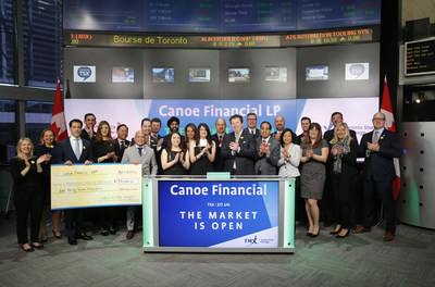 Darcy Hulston, President & CEO, Canoe Financial LP, joined Richard Rohan, VP, Corporate Sales, TMX Equity Transfer Services to open the market. Canoe Financial's EIT Income Fund (EIT.UN) is celebrating 18 years listed on Toronto Stock Exchange. Founded in 2008, Canoe Financial LP established operations with the acquisition of management of Canoe EIT Income Fund. Canoe manages approximately $3.5 billion in assets across a diversified range of open end mutual funds, flow-through limited partnerships, and private energy equity products. The Fund commenced trading on Toronto Stock Exchange on August 6, 1997. For more information please visit www.canoefinancial.com. (CNW Group/TMX Group Limited)