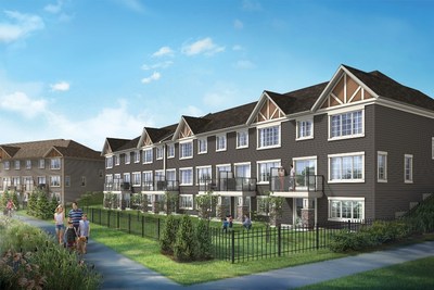 This artist's rendering of Mattamy Home's new community in Airdrie - The Gates at Hillcrest - shows the rear elevation of the Manor homes with Arts & Crafts and Tudor architectural styles, on walkout lots, backing onto an environmental reserve area. (CNW Group/Mattamy Homes Limited)