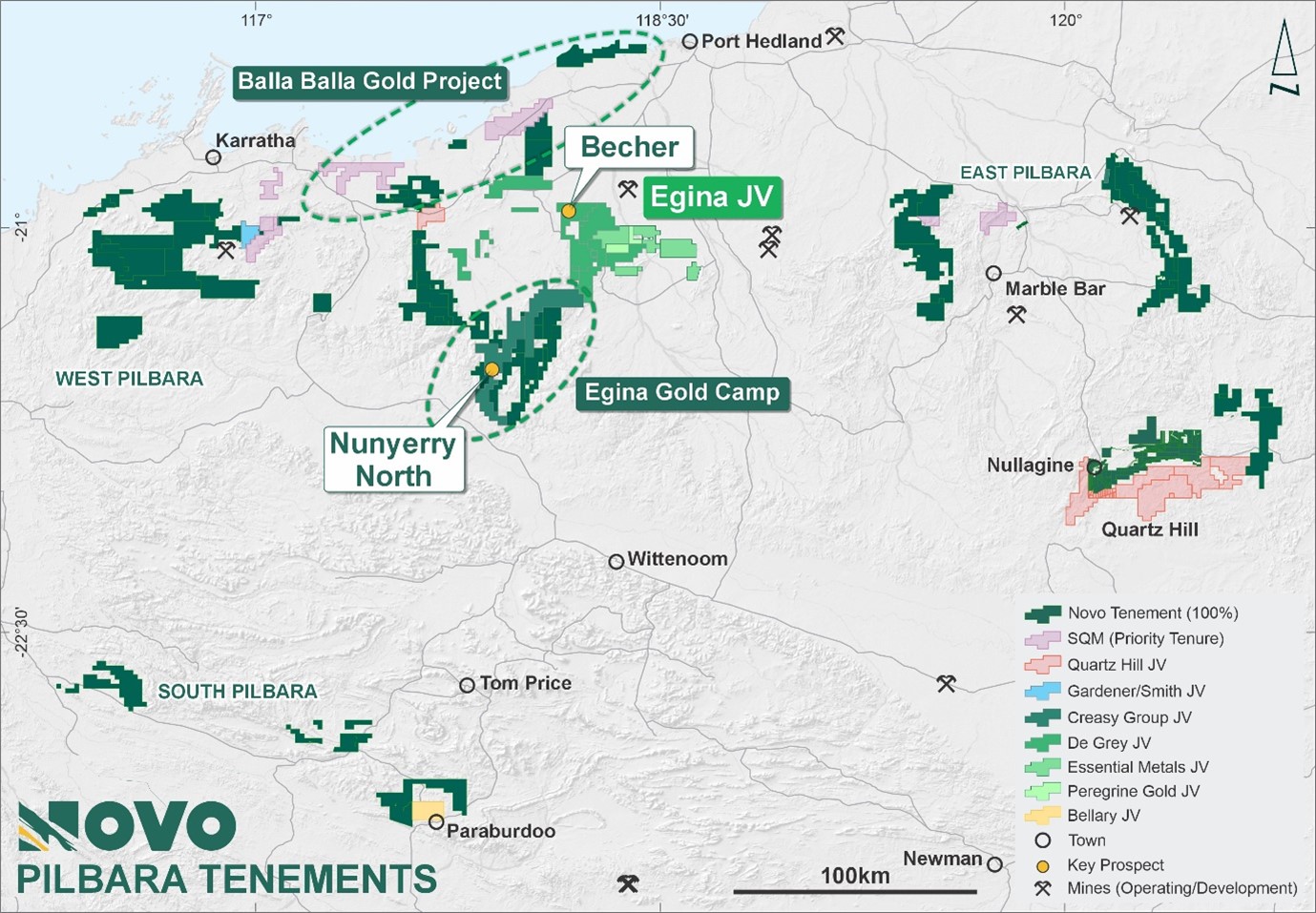 Novo Pilbara tenure showing main projects and significant prospects.