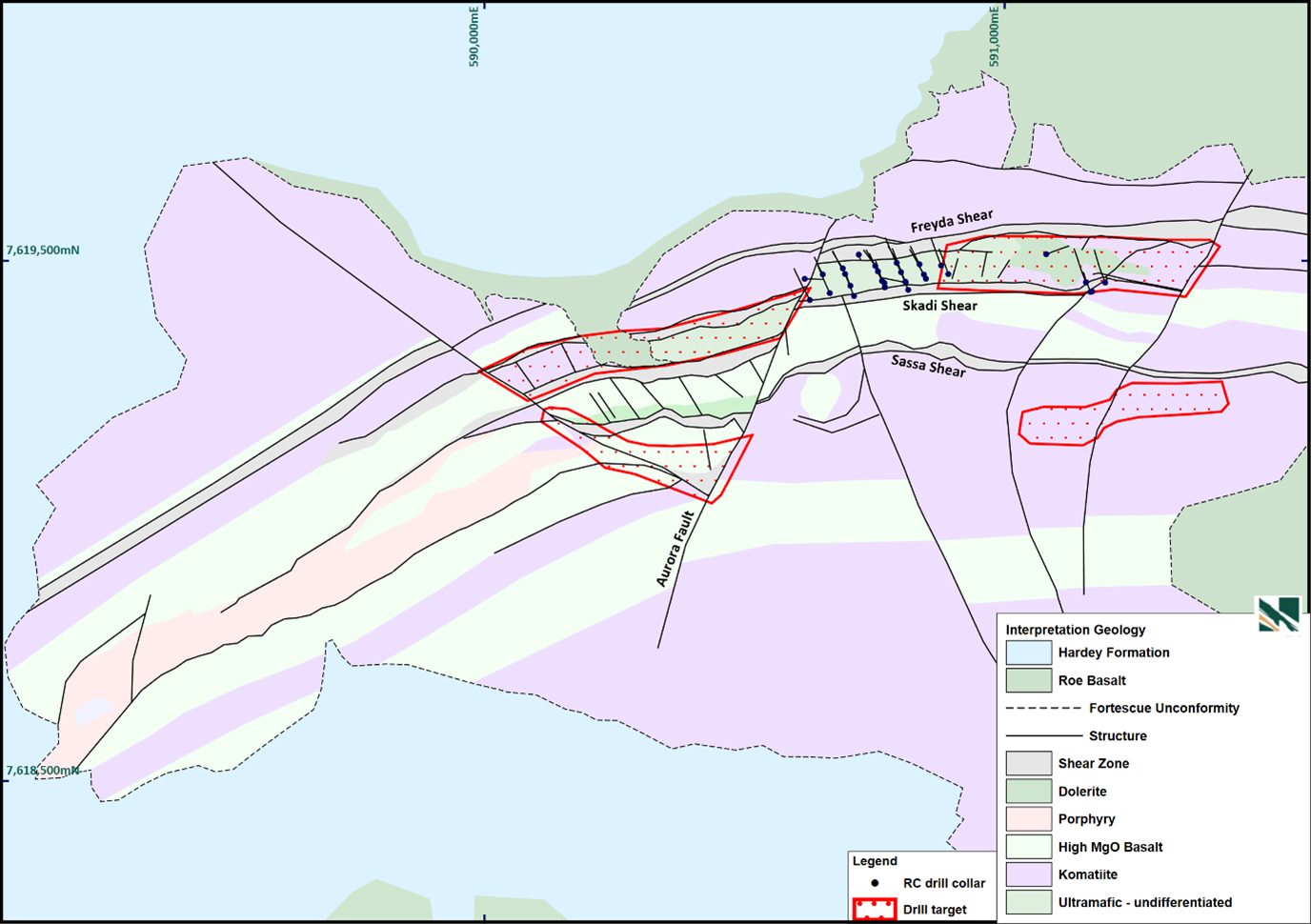 The broader Nunyerry project area with interpreted geology, highlighting strike extent of favourable stratigraphy and additional structural targets for further drill testing.