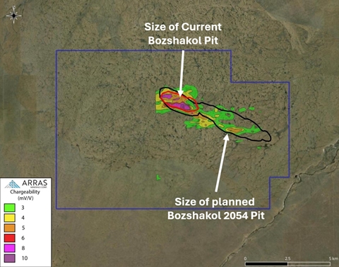 Tay Project historical Soviet IP Chargeability Anomaly compared to Bozshakol current and planned pit limits.