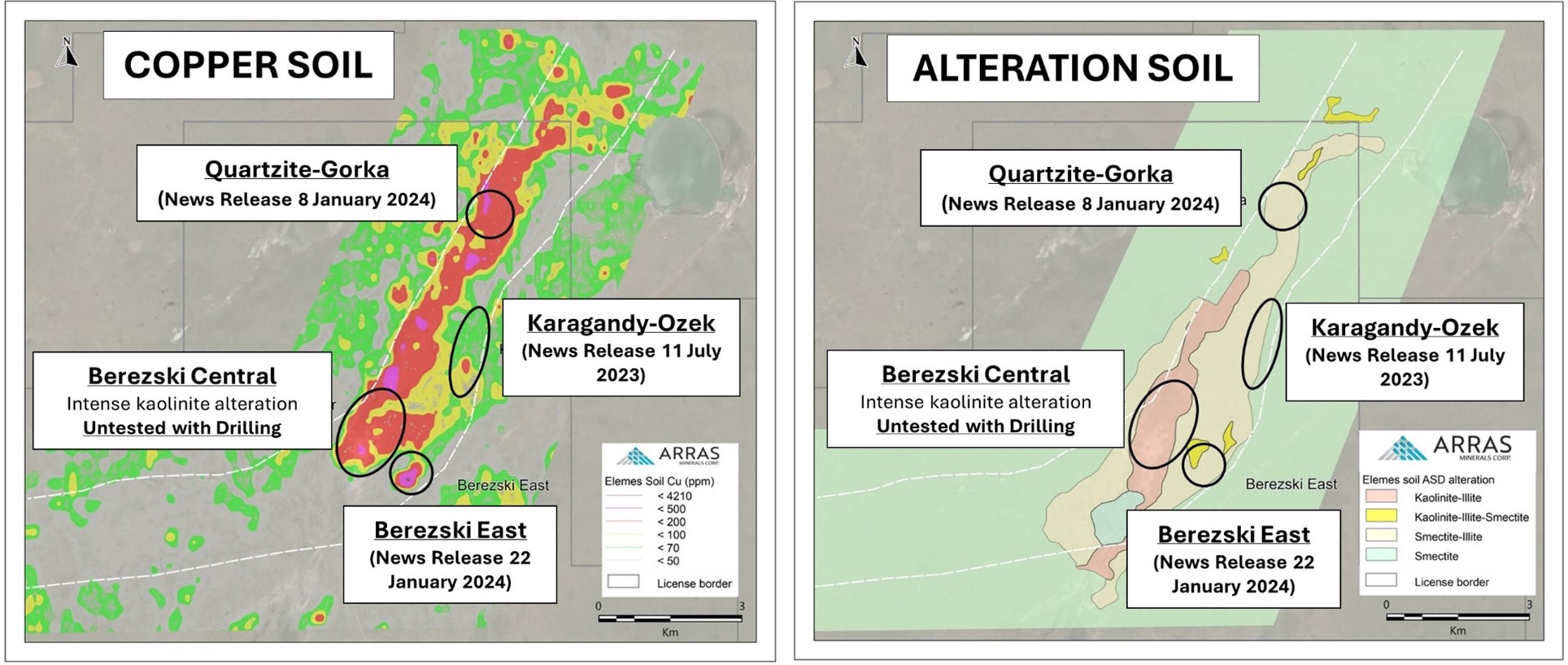 Soil anomaly maps showing copper results and the alteration map. Also shown are the locations of the re-assayed drillholes located at Quartzite-Gorka and Berezski East as well as Karagandy-Ozek, a high-grade gold-silver epithermal zone. The intensely altered Berezski Central zone is also shown which is co-incident with the 2.8 kilometer x 1.6 kilometer molybdenum soil anomaly (see figure 4).