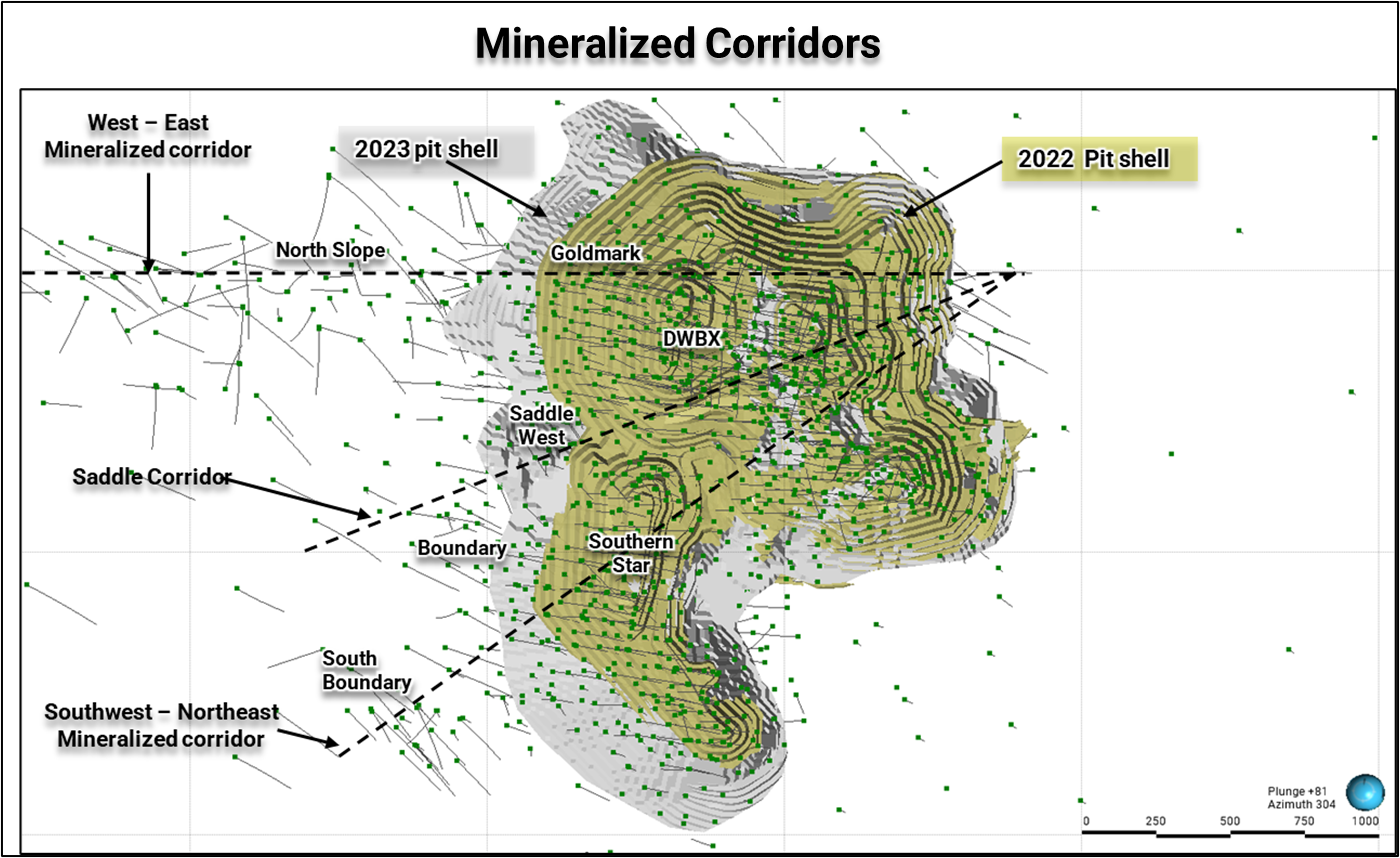 Plan view of Mount Milligan pits (2022 and 2023) showing major porphyry corridors