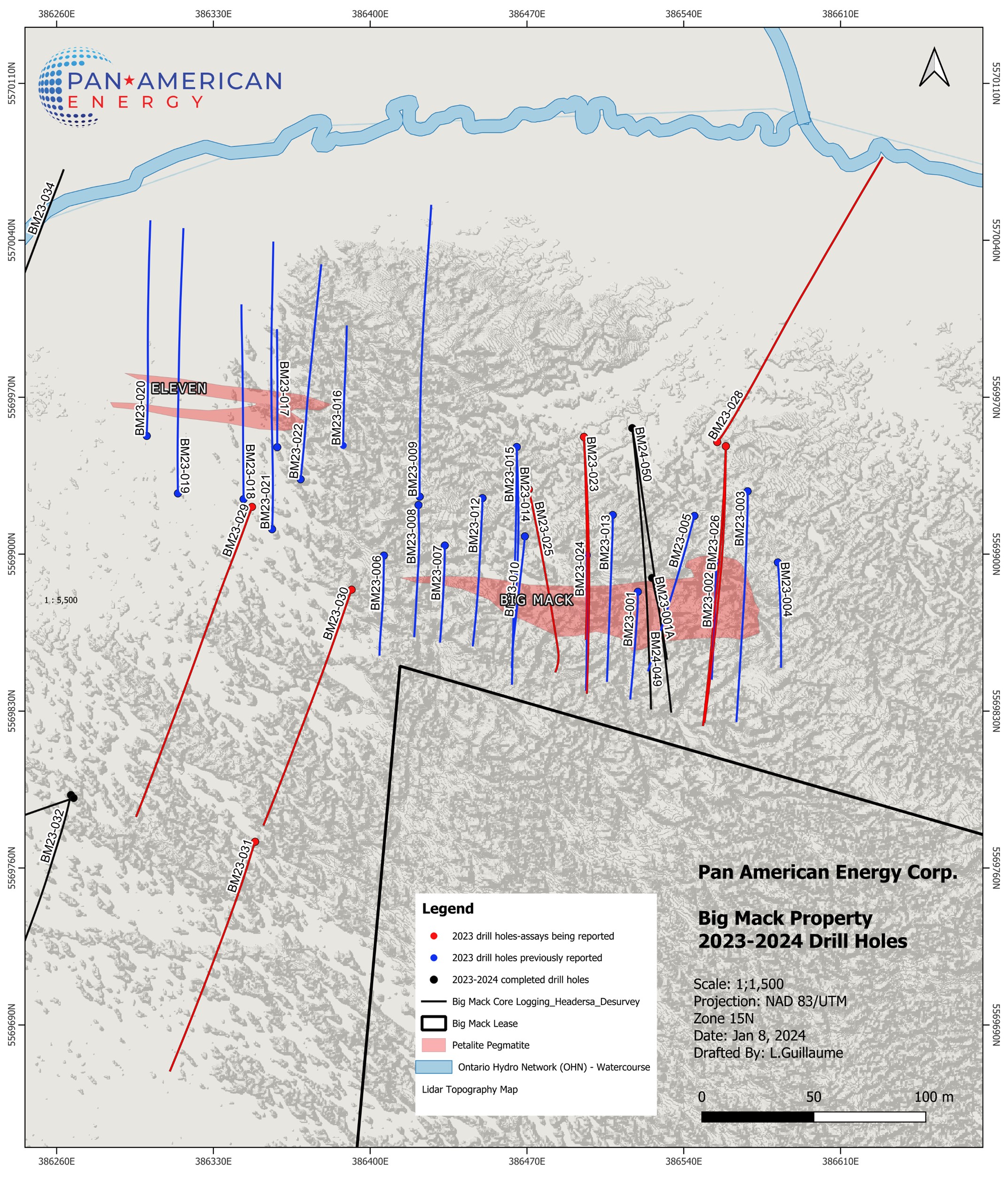 Close up view of Big Mack (Reported drill holes in Red)