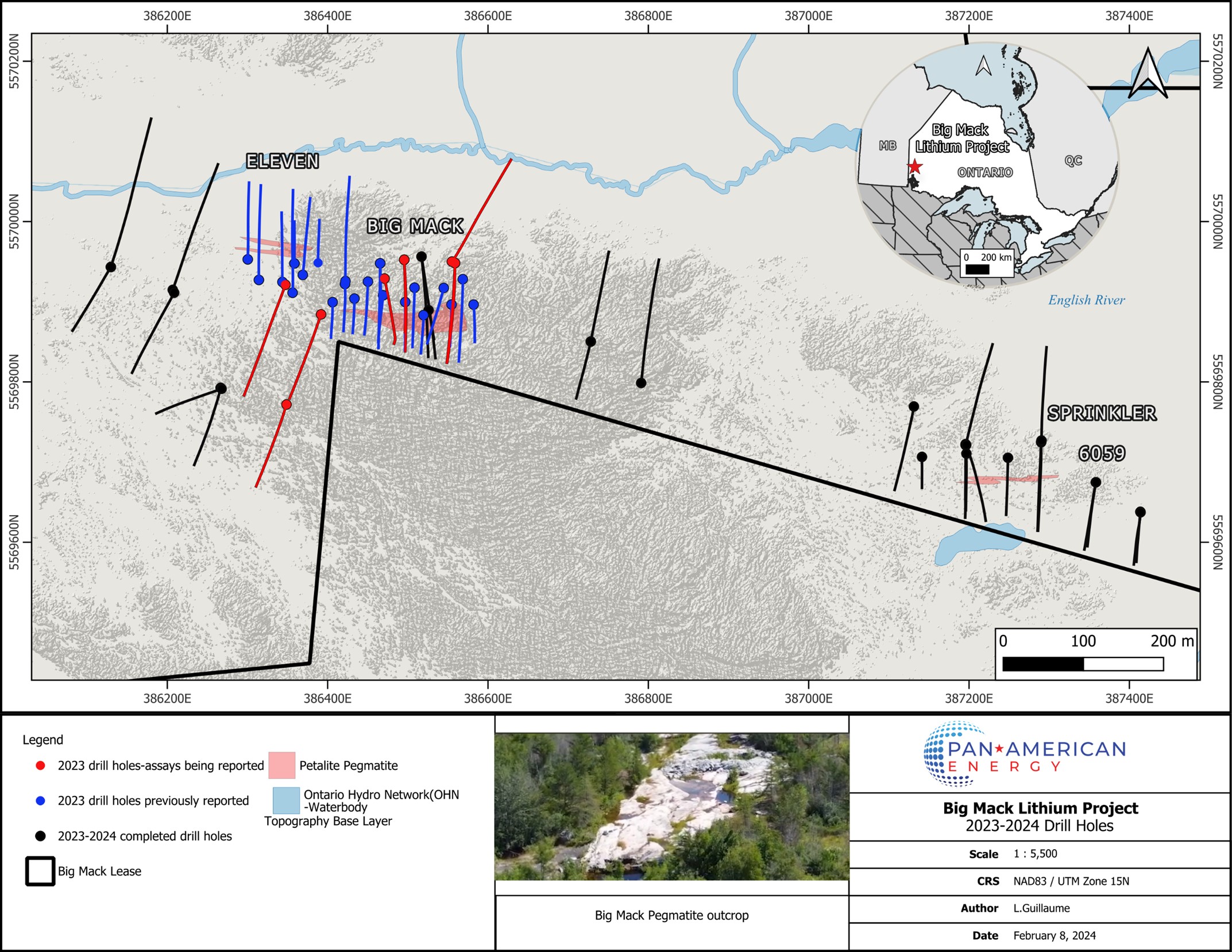 Completed and 2023-2024 drillholes (Assays reported on holes in red, assays pending in black).