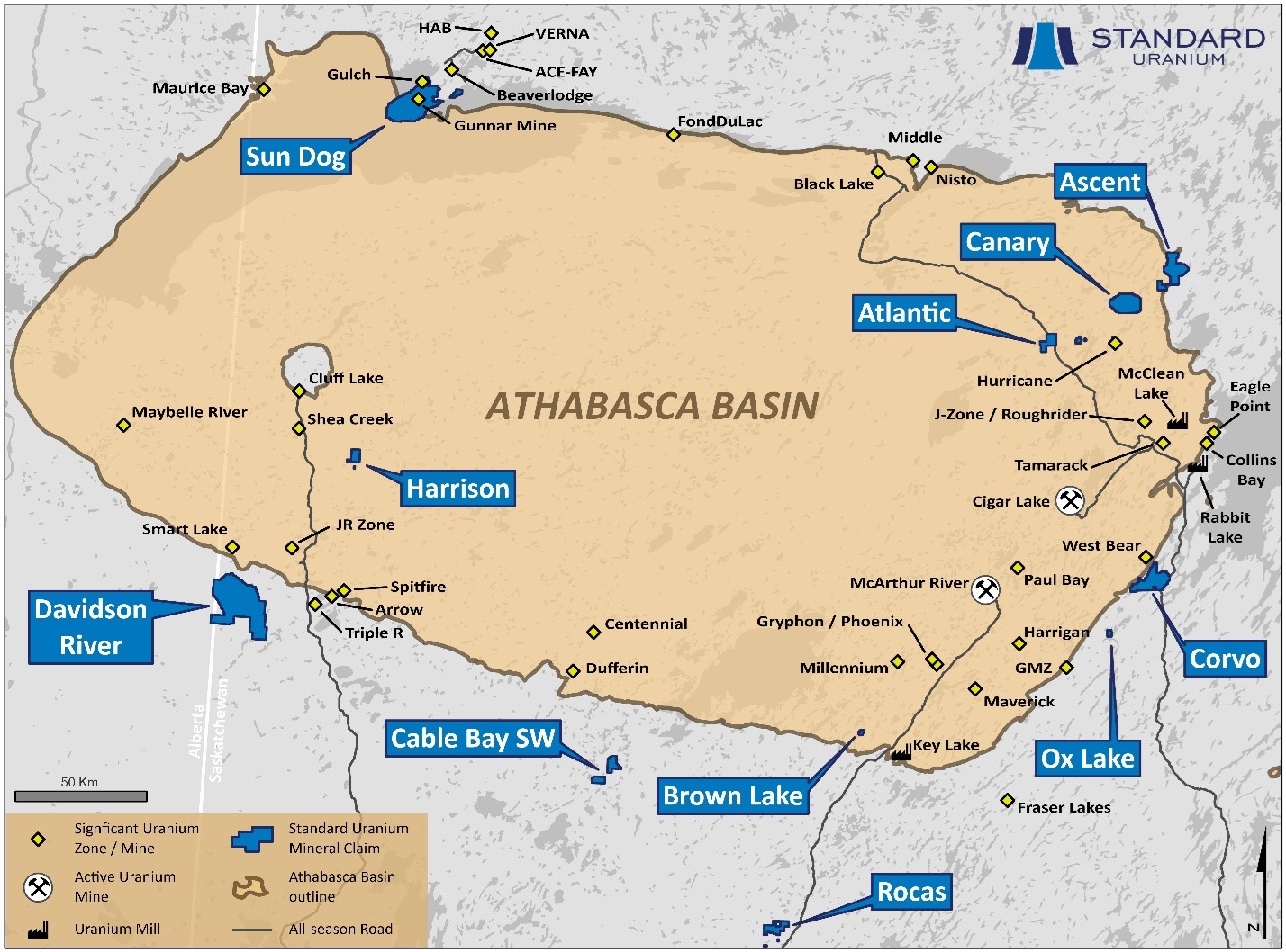 Overview map of Standard Uranium’s eleven Athabasca properties, including the newly staked Harrison project.