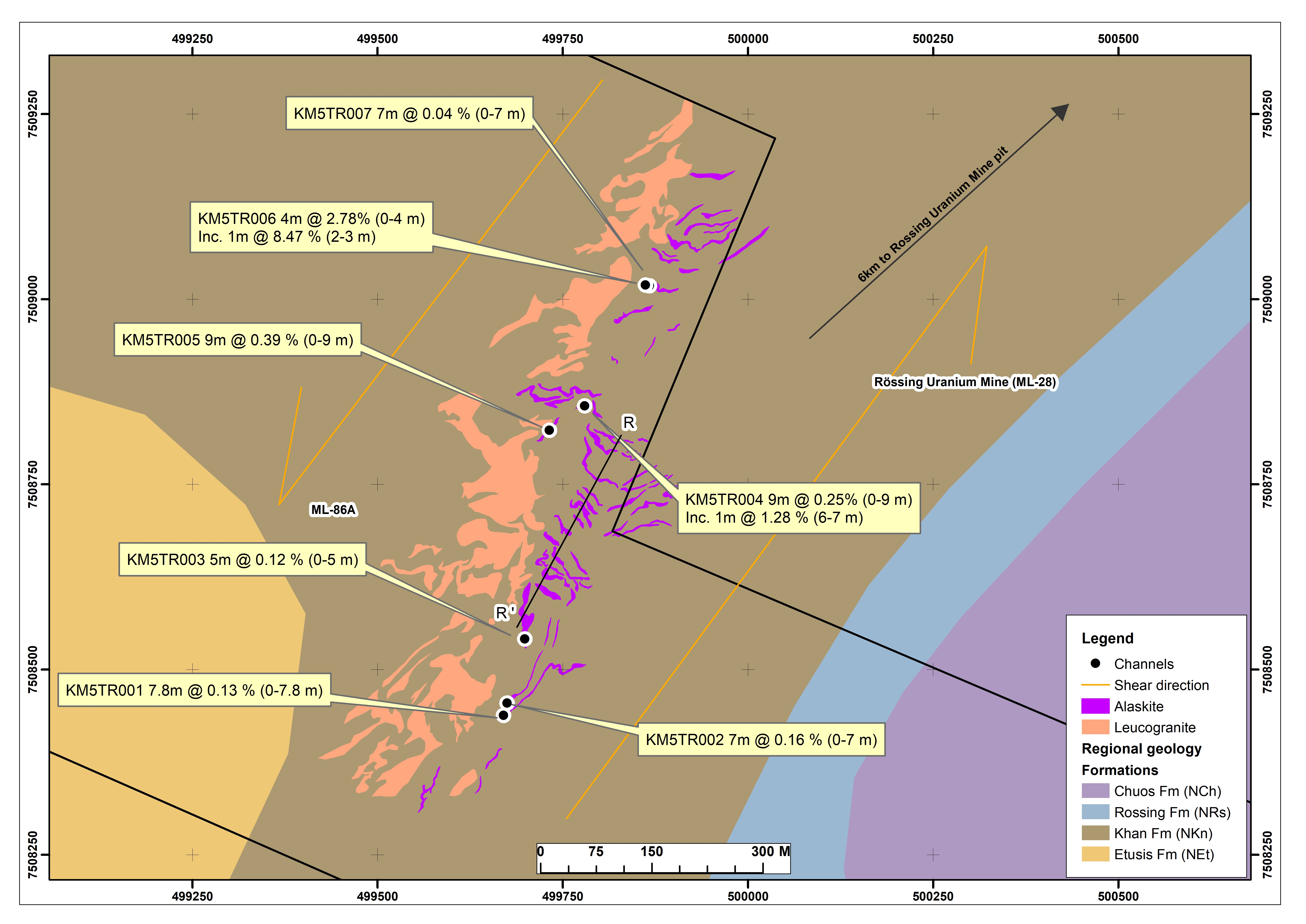 Location of Anomaly 5 trenches and mapped alaskites. The chemical assays shown are % U3O8.