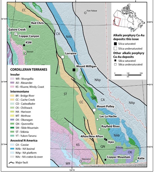 Map showing two porphyry belts identified in British Columbia; one hosted within the Quesnellia terrane (QN) and a second within the Stikinia terrane (ST). (From Bissig and Cooke 2014).