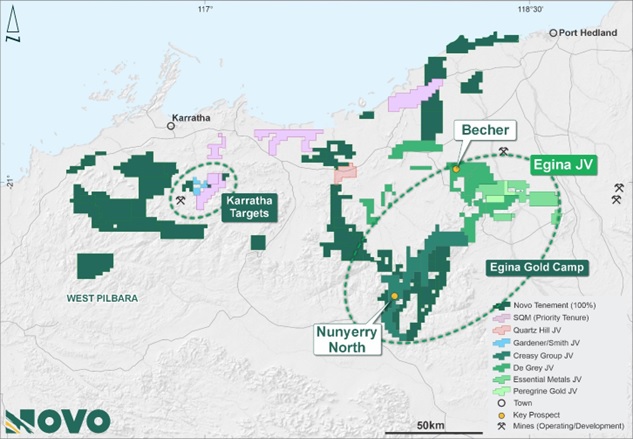 Figure 1: Novo tenure showing priority project areas in the Egina Gold Camp and Karratha District