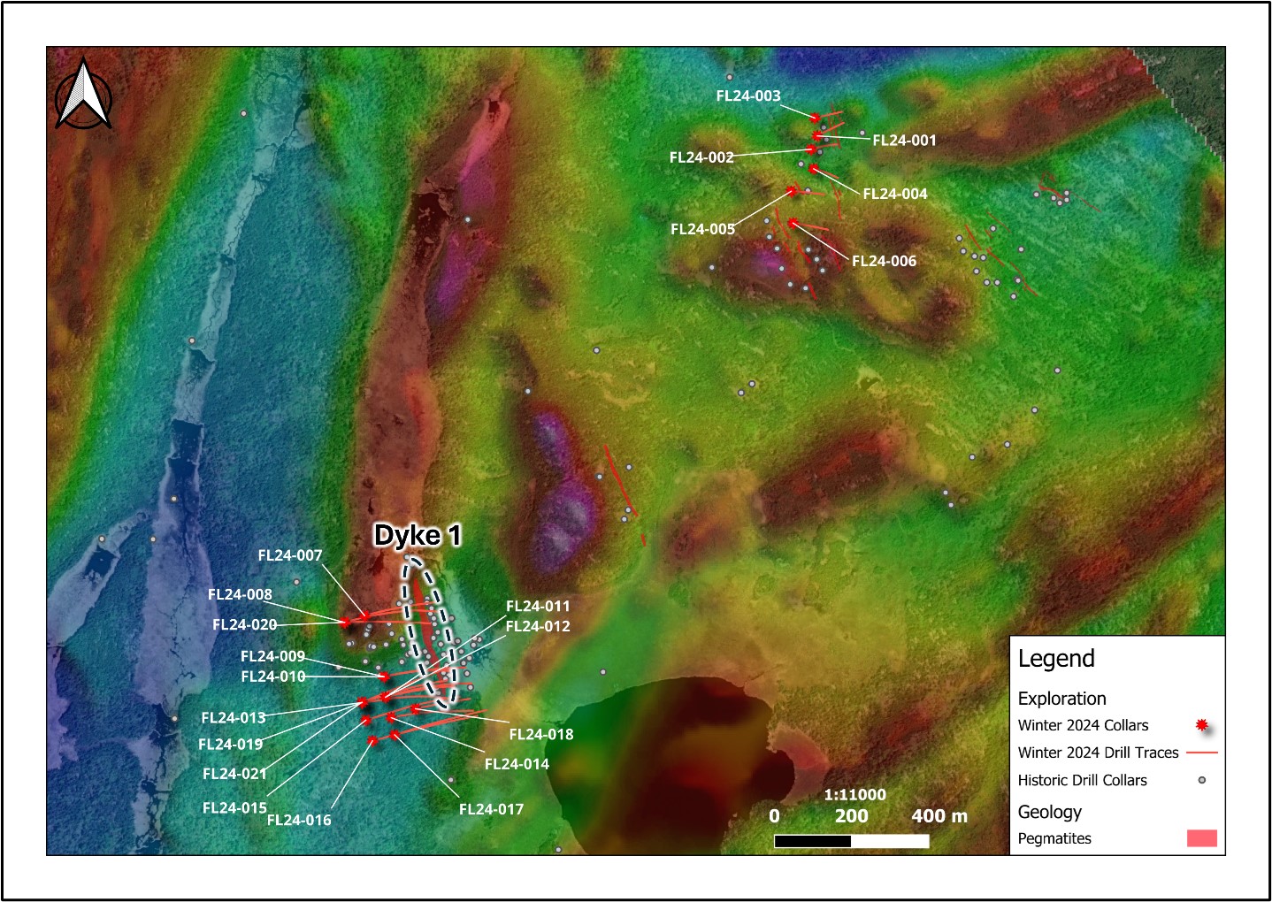 Location of diamond drill holes from the Winter 2024 drill campaign superimposed on magnetic Root-To-Pole (RPT) geophysical data.