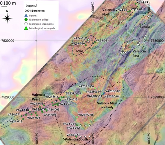 Overview map of the 2024 drill program as of 16 May 2024. (ground scintillometer U-survey over GSN airborne Radiometric U data.)