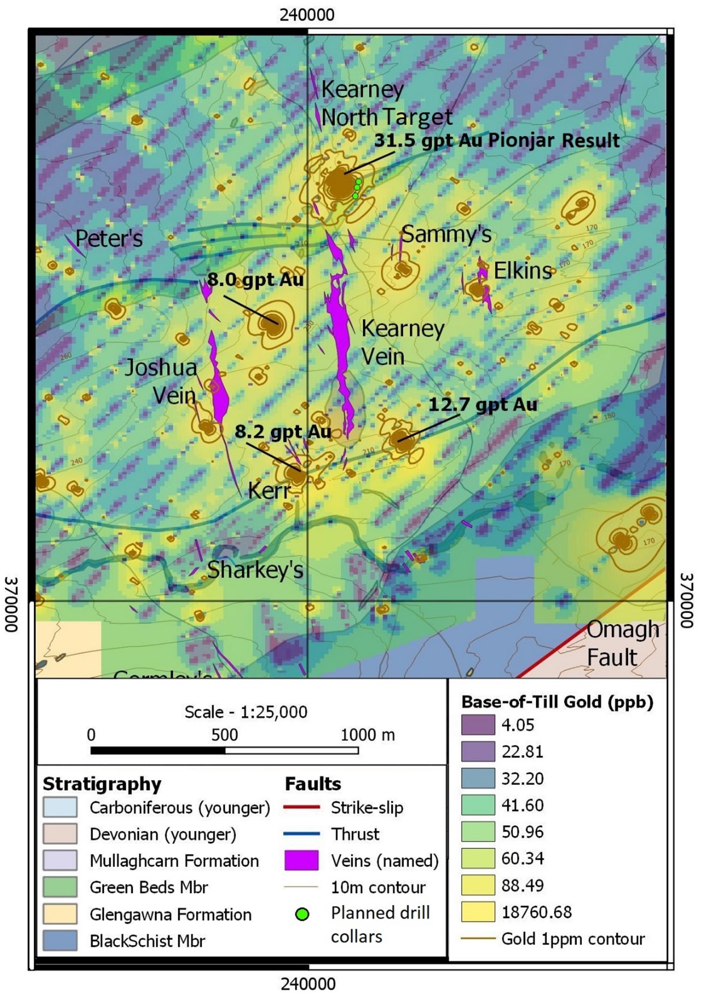 Map of the main Kearney and Joshua veins, North Kearney target area and historical Pionjar drill results.