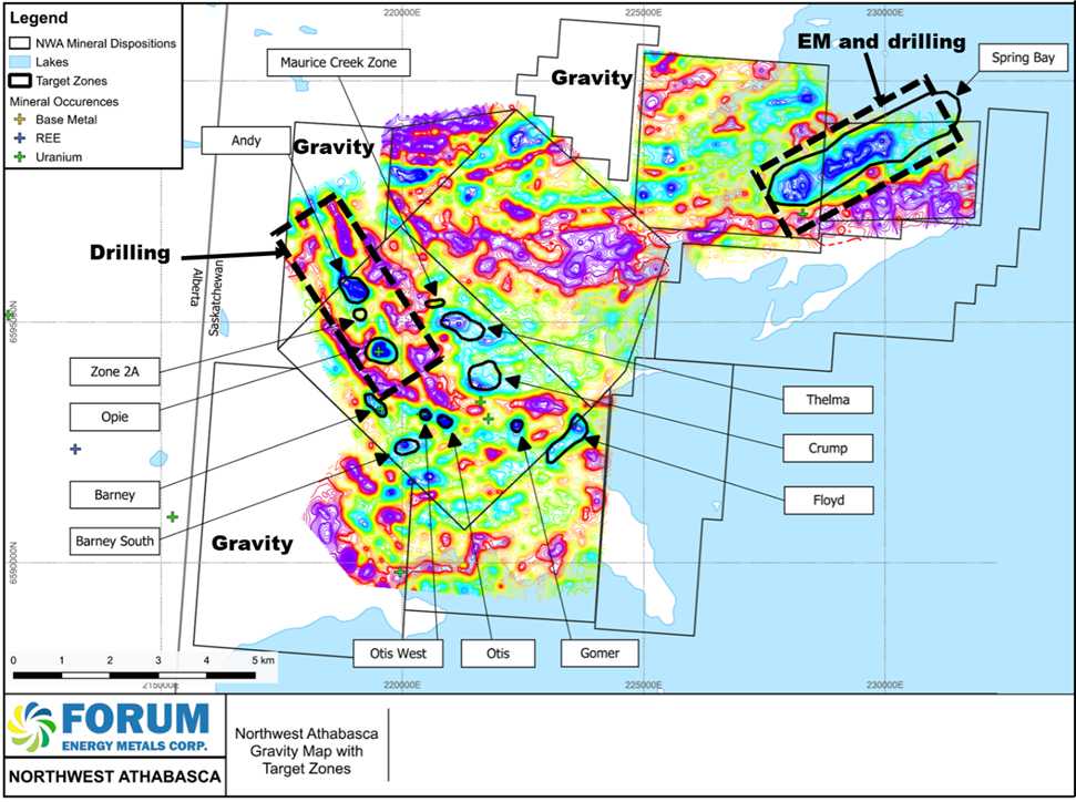 Residual Gravity Map of the NWA with Proposed 2025 Exploration Plans. The background shows the residual contoured gravity data overlain with the main target areas. Blues are gravity lows and reds gravity highs. Additional gravity surveys will be completed as outlined above and 2025 drilling will concentrate on the Andy/Opie trend and Spring Bay area. Bouguer density 2.50 cm/cc; Terrain Corrections: r=750m by DEM.