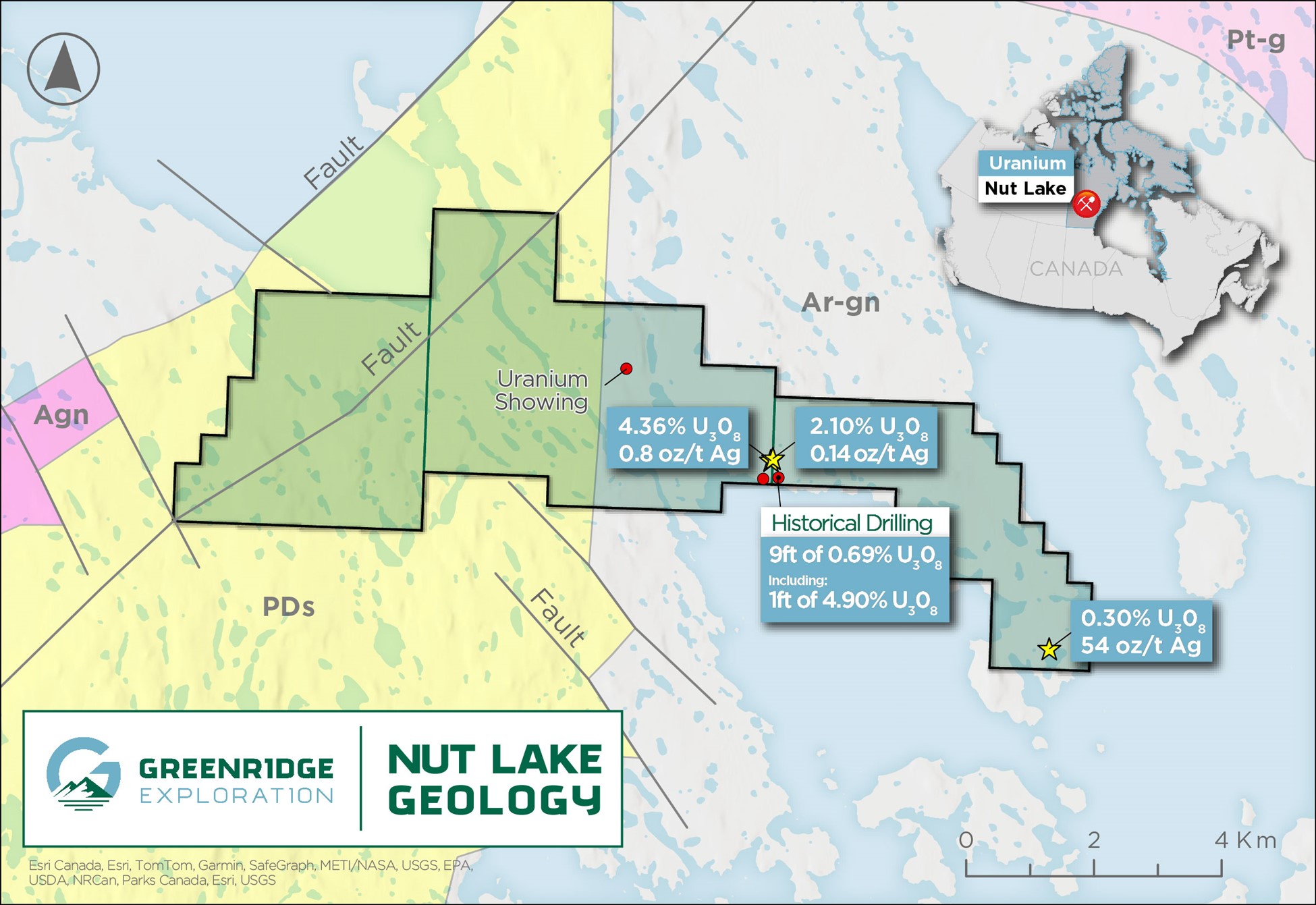 Localized Nut Lake Property Geology Map. Source GSC Open File 4236. Abbreviations: PDs – Proterozoic Dubawnt Sediments; Agn / Ar-gn – Archean granitic rocks; Pt-g – Undivided Granites