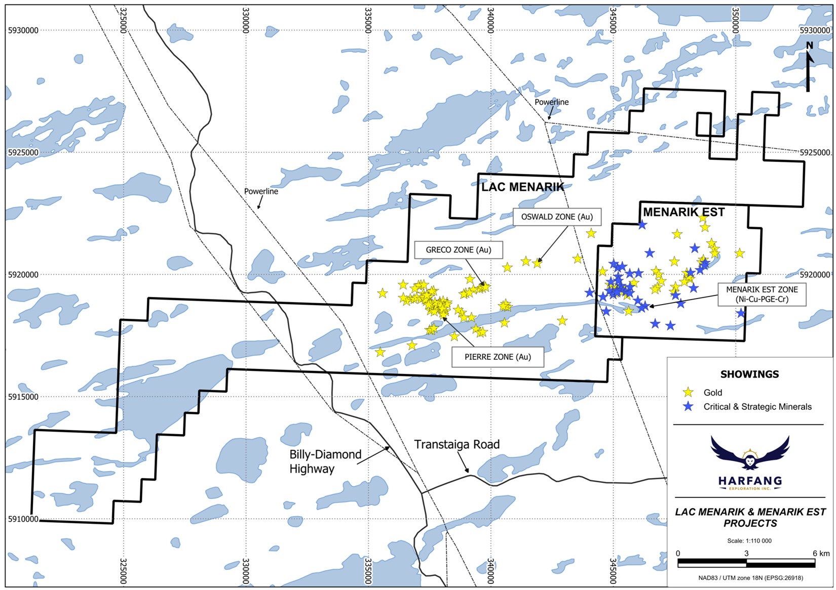 Gold and CSM showings at Lac Menarik and Menarik Est.