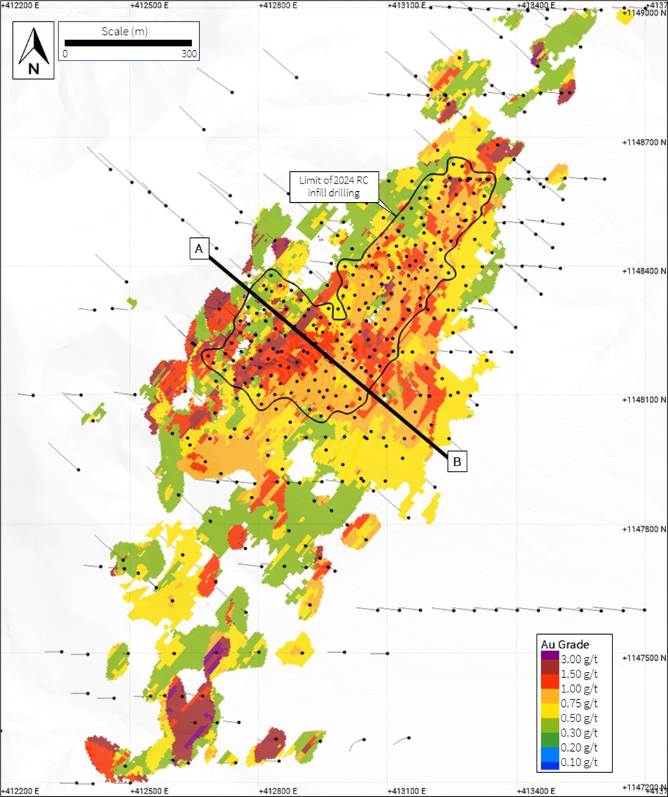 Plan view map of Mansounia showing the block model constrained to Mineral Resources within the US$ 1,950 RPEEE pit shell and above cut-off (laterite 0.5 g/t Au; saprolite 0.3 g/t Au; saprock 0.7 g/t Au; and fresh 0.9 g/t Au).