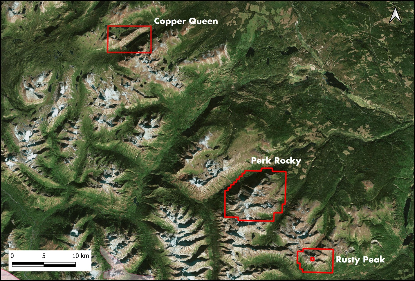 Location of new properties (Copper Queen and Rusty Peak) with respect to the recently optioned Perk Rocky Project.