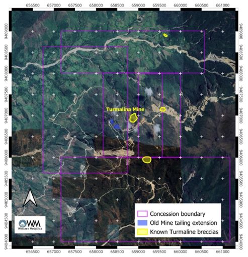 Turmalina Project – Location of the known breccia pipes and old mine tailings.