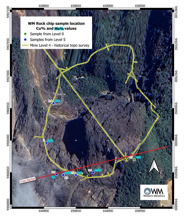 Turmalina mine –Plan view showing the surface projection of level 4 (the only historical survey available), the location of the Western Metallica rock chip samples described above and the cross-section trace (Figure 3).