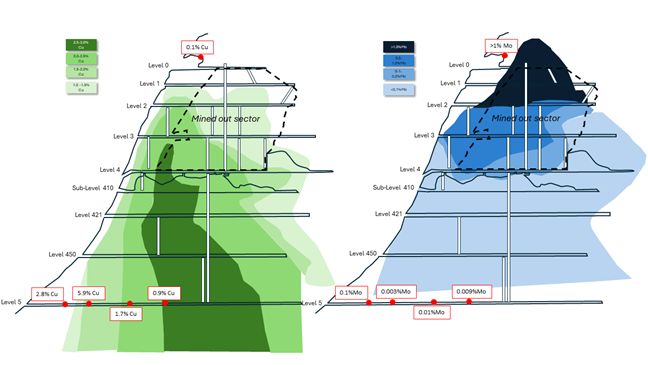 Turmalina mine –N-S section (looking E) of the mine with Cu (left) and Mo (right) grade contours (from historical plans) and location of the rock samples assays from the Western Metallica validation program.