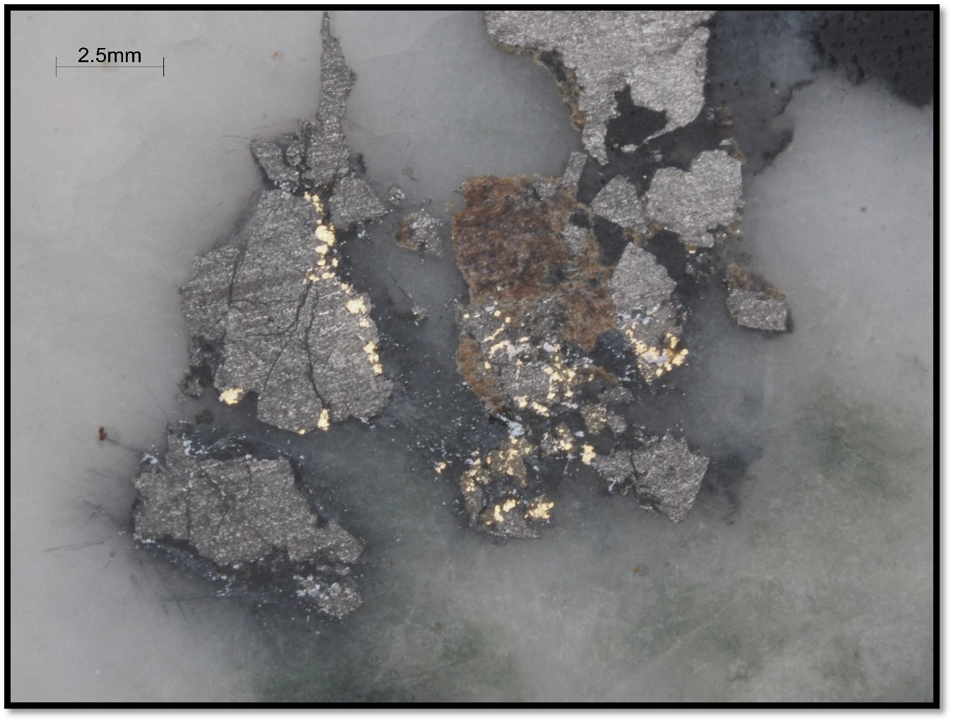 Visible Gold Contained within CDH10 Quartz Vein Associated with Arsenopyrite and Stibnite needles