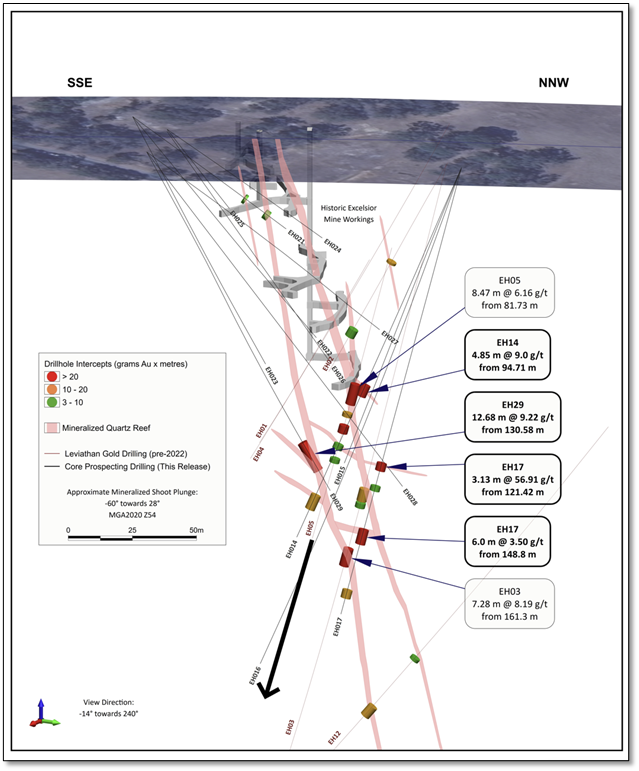 Oblique section showing drilling and mineralized intervals at the Excelsior Reef