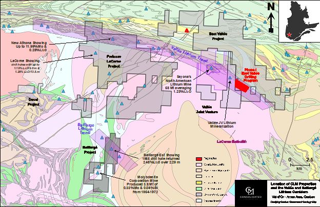 CLM Regional Projects Map with Phase I drilling campaign area indicated in red [property boundaries from Company resources and historical drill hole, geology and showing information from the Government of Quebec website https://sigeom.mines.gouv.qc.ca/signet/classes/I1108_afchCarteIntr .]