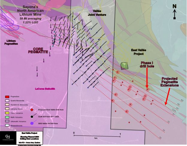 Map showing approximate locations of the drill holes for Phase I on the East Vallée drilling program and the location of drill-indicated pegmatites intersected in 2023 on the Company’s adjacent Vallée JV Property initially disclosed in the CLM news release dated February 14, 2024. Property boundaries from Company resources and historical drill hole, geology and showing information from the Government of Quebec website https://sigeom.mines.gouv.qc.ca/signet/classes/I1108_afchCarteIntr .