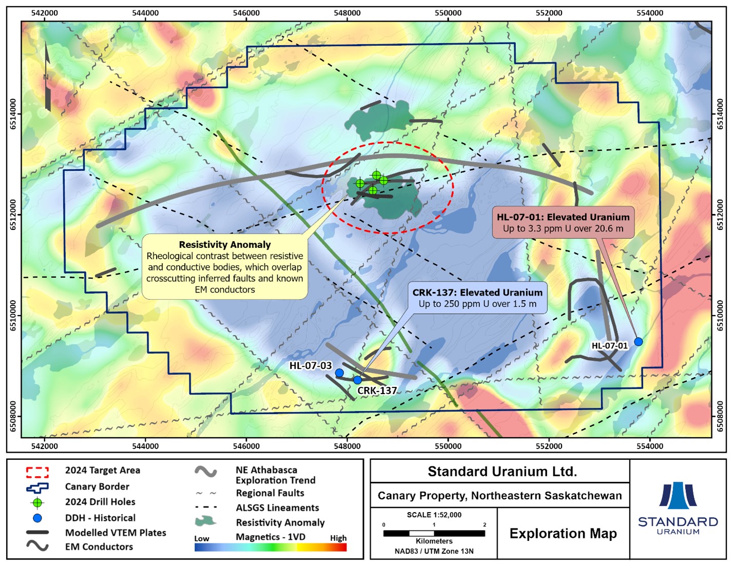 Geophysical map highlighting basement-linked resistivity anomalies identified through the 2022 DC/IP survey on the Canary Project. The 2024 drill target area is circled in red. Three main exploration trends and historical drill holes are displayed with first vertical derivative (1VD) magnetics in the background.