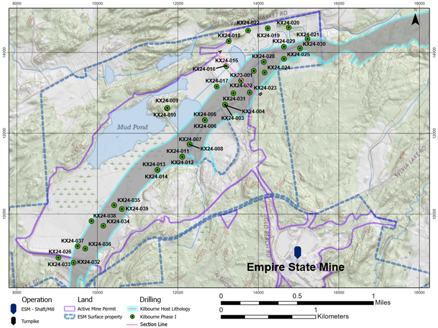 Figure 2. Plan view of drilling showing the location of Kilbourne Exploration holes, planned drill holes, and trenching.