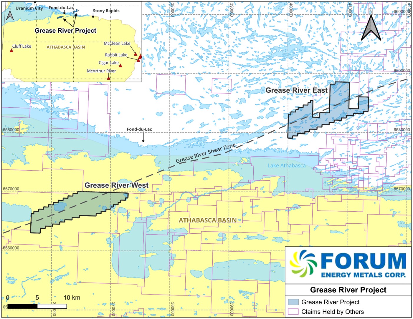 Location of the Grease River Project (West and East claim blocks) in northern Saskatchewan. The closest community is the hamlet of Fond-du-Lac, which is located between the two claim blocks. The southern claim block rests within the Athabasca Basin and the northern claim block is outside the Athabasca Basin. Dashed line is the Grease River Shear Zone, a major shear system that extends for over 400 km. Unconformity uranium deposits are structurally controlled, fluids from under the Athabasca sandstone basin carrying uranium along the faults. Forum and Traction see this structure as a possible major fluid conduit that has the potential to host a significant uranium deposit.