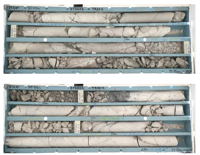 BTD002 from 32.47 m – 39.20 m across the Welcome Fault returning 4.10 m @ 2.37 g/t Au from 36.1 m. This zone is characterised by abundant blebs and veinlets of sulphide (pyrite + arsenopyrite) up to 15% locally. Pervasive sericite alteration with kaolinite gives the altered siltstone and fine sandstone a characteristic bleached appearance.