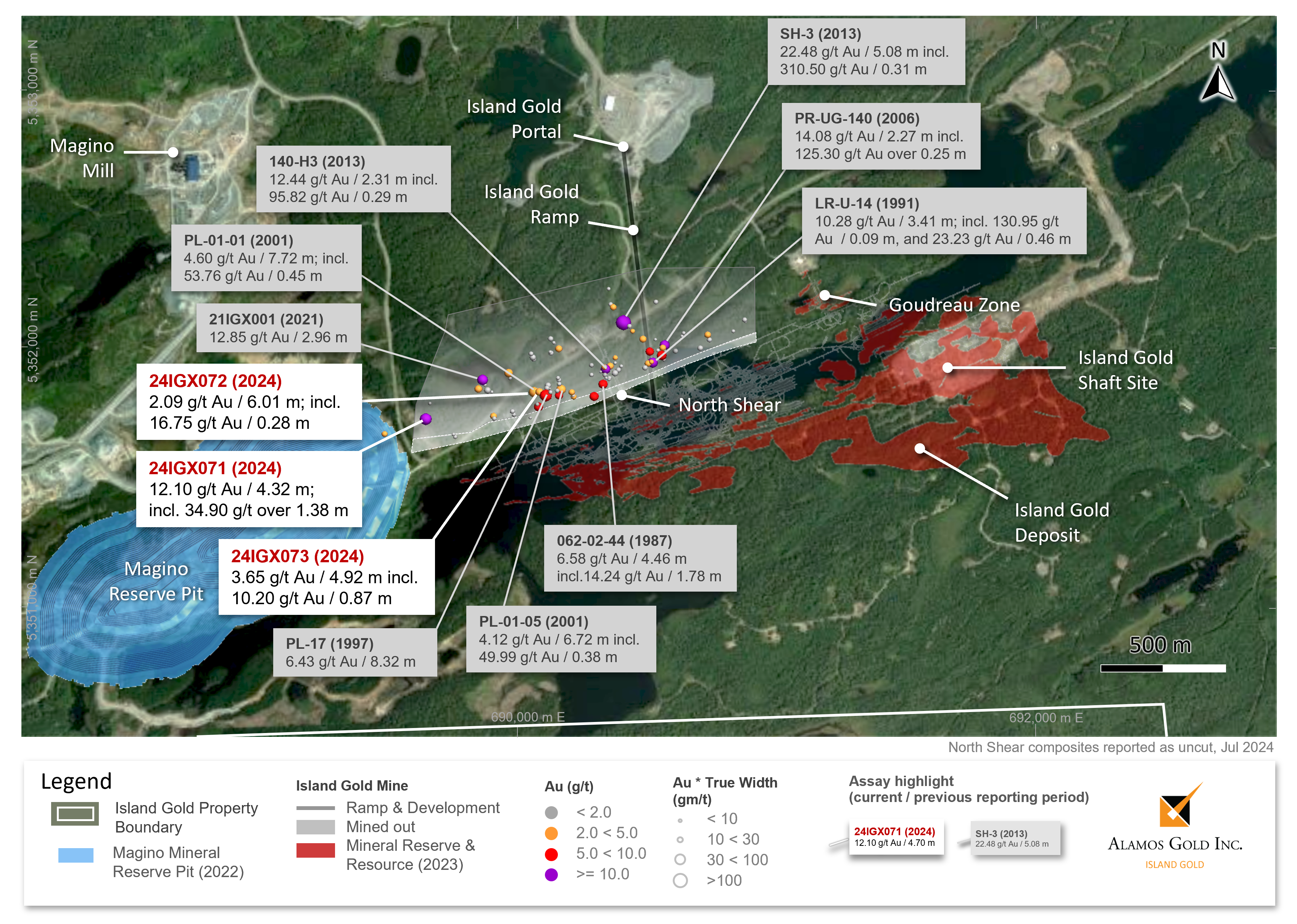 Figure 3 Island Gold North Shear Plan Map – New & Historic Drilling Results