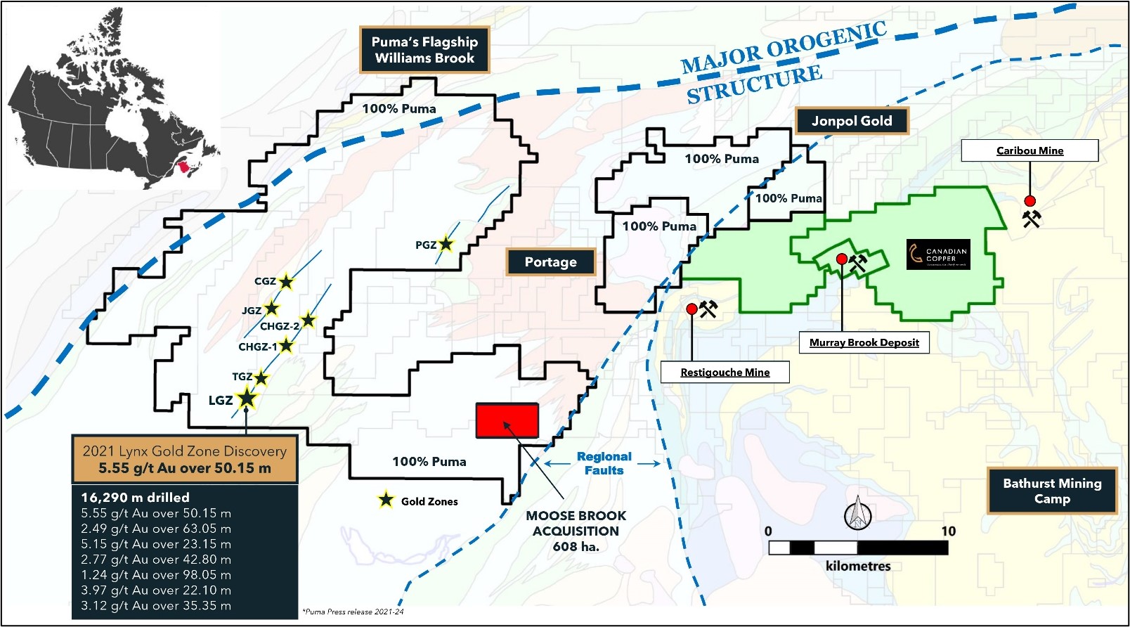 Location of the newly acquired claims block (Moose Brook Property)