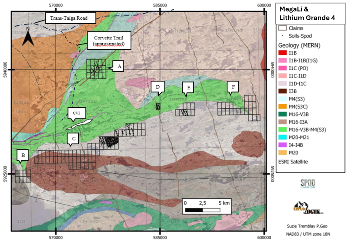 Property location (satellite and regional geology) map with soil sampling