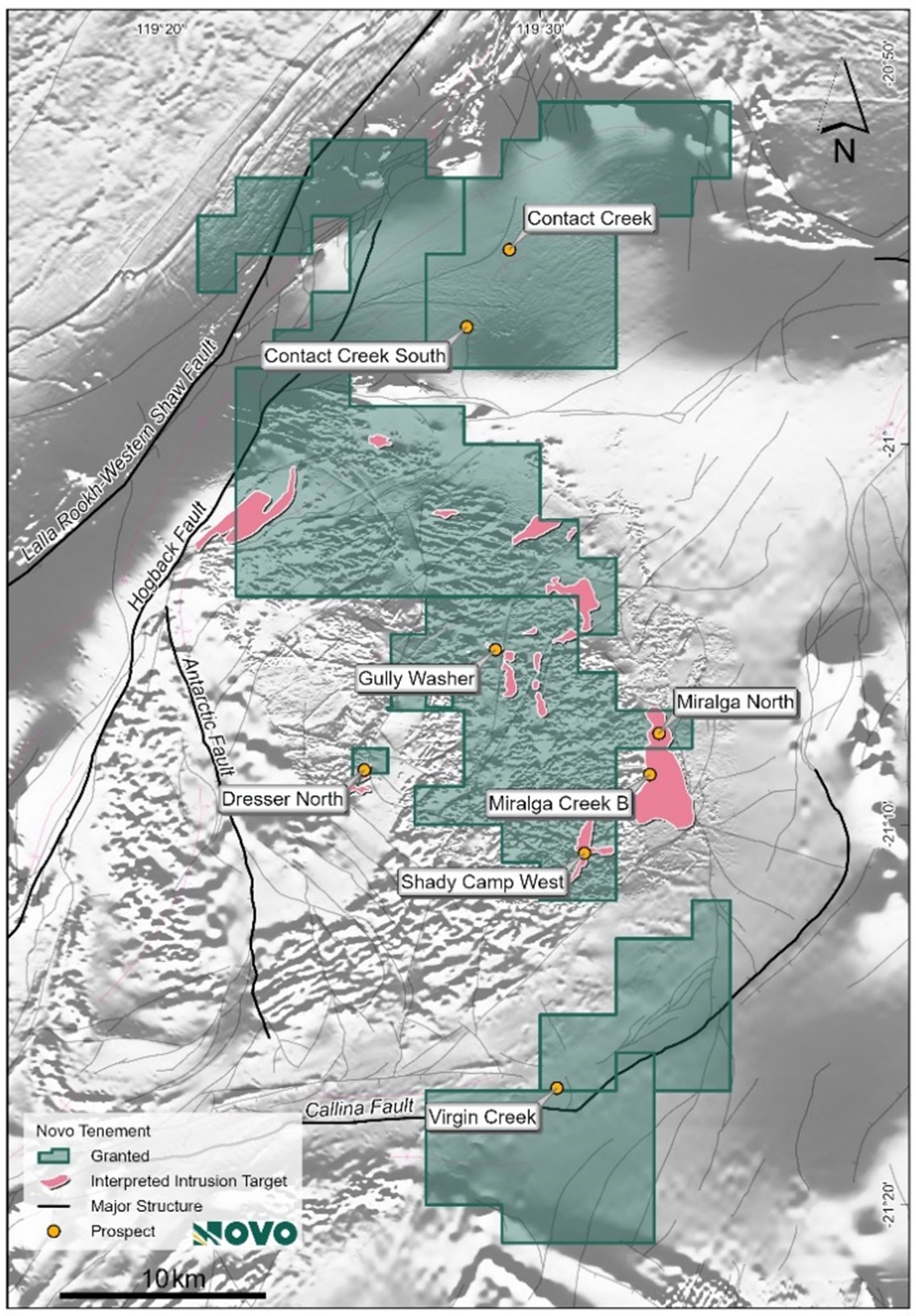 Miralga Project showing mapped or interpreted intrusion targets