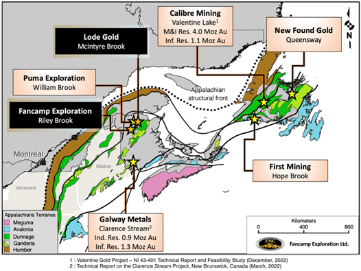 Location of Fancamp’s Riley Brook property and Lode Gold’s McIntyre Brook holdings in relation to regional players.