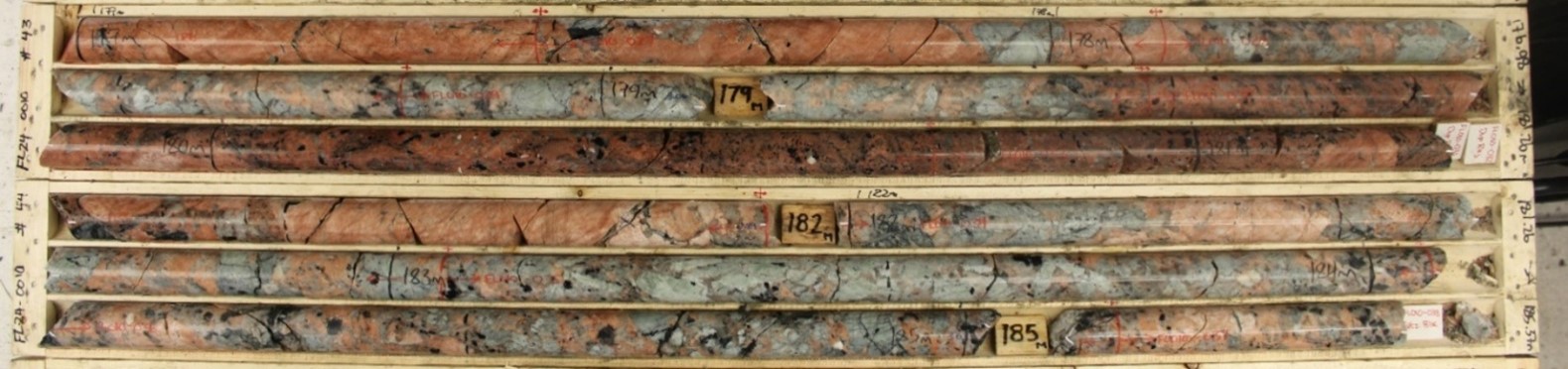 Spodumene Pegmatite from FL24-010. Approximately 1.10% Li2O over interval (176.22 m – 186.10 m)