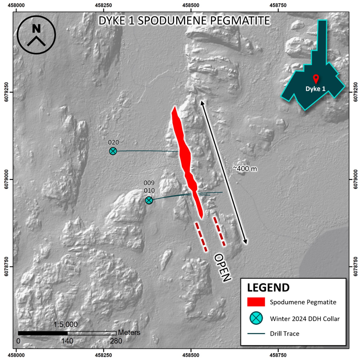 Drill holes Completed at the Dyke 1 Spodumene Pegmatite